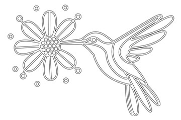 Hummingbird sips nectar from a flower.
