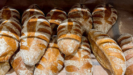 Golden-crusty sourdough loaves, evoking ancestral harvest festival vibes, baking's ancient ritual,...