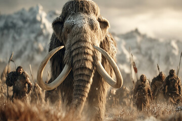 Mammoth confronted by primitive hunters in snowy mountains during the Ice Age
