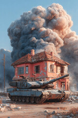 Modern French tank engages enemy while firing at derelict house in war torn landscape