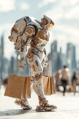 Shiny robot exoskeleton delivers groceries in urban setting with high realism