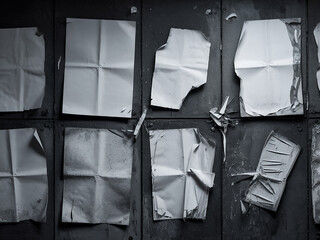 Torn and weathered paper posters on a dark textured wall background