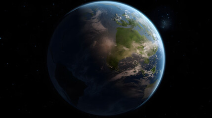 Fototapeta premium Earth-like planet with massive forests, oceans, and cloud formations.