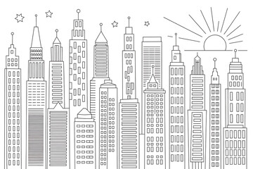 Skyscrapers line a city skyline, a modern urban scene.
