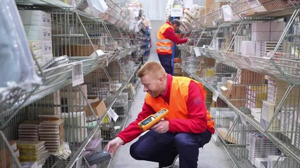 Warehouse worker scanning packages using a barcode scanner, managing inventory in a distribution center - Powered by Adobe