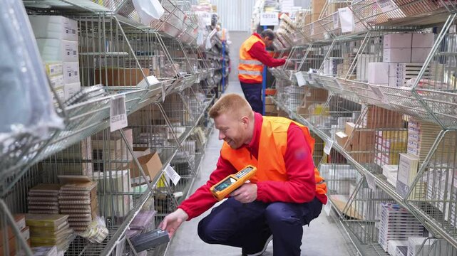 Warehouse worker scanning packages using a barcode scanner, managing inventory in a distribution center