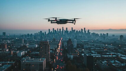 Modern camera drone flying for photography against a blurred cityscape at dusk - Powered by Adobe