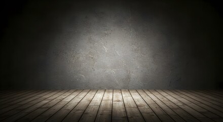 empty wooden table with smoke float up on dark background Dark studio space with a central spotlight on a textured wall and wooden floor, providing a versatile minimalist background