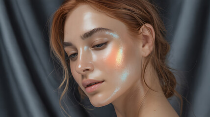 Woman with iridescent face paint, a modern beauty portrait.
