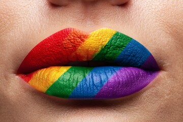 diagonal rainbow lipstick on lips with sharp color transitions and detailed texture