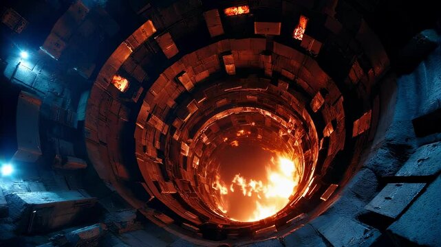 A closeup view of a biomass combustion chamber inside the plant. The chamber is a massive cylindrical structure surrounded by refractory bricks. Flames engulf the biomass, releasing