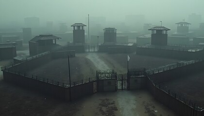 A misty imposing prison compound with watchtowers  barbed wire fences