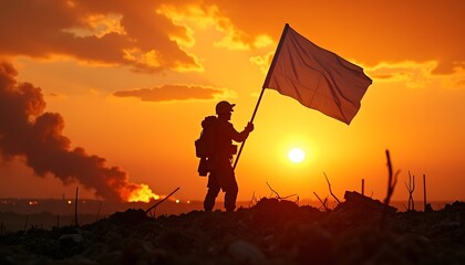 Silhouetted soldier holding white flag on a mound sun setting with smoke and rubble in background