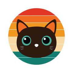 Cat Head with Round Eyes on Retro Sunset