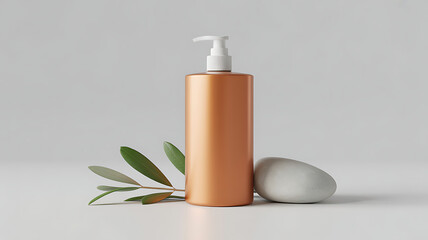 Copper Lotion Bottle Mockup: A sleek copper-colored lotion bottle with a pump dispenser is elegantly presented alongside smooth river stones and a sprig of olive leaves.