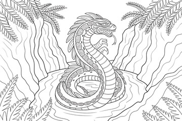 Dragon serpent in a jungle pool, powerful and majestic.
