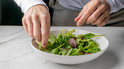 Crafting a verdant symphony, Caucasian male chef elegantly arranges leaves for Earth Day's...