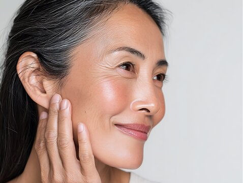 50s middle aged old woman looking at camera isolated on white background advertising dry skin care treatment anti age skincare beauty, plastic surgery, cosmetology procedures. Close up half face view - Powered by Adobe