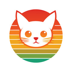 Cute Cat Head with Tilted Ears on Retro Sunset