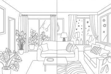 Fototapeta premium Interior living room scene, detailed line drawing. 