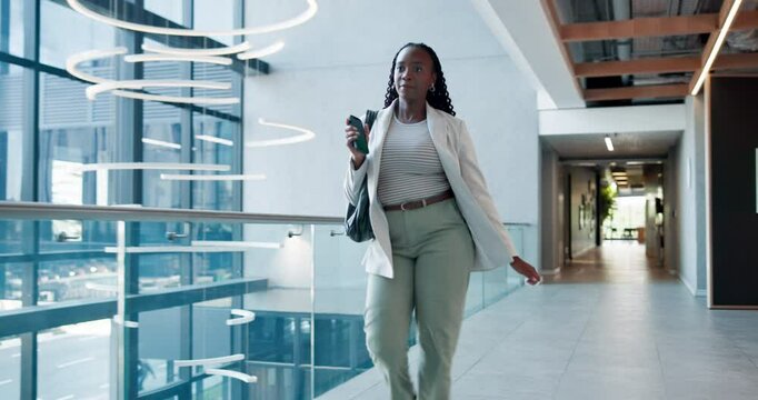 Walking, rush or businesswoman check phone in office for appointment, late or time management fail. Stress, black person and hurry in corridor for meeting schedule, morning delay and moving at speed