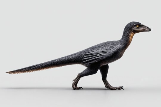 realistic standing microraptor dinosaur with black feathers on white background