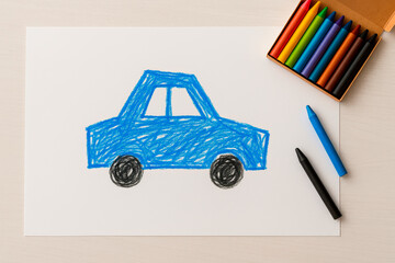 The blue car. Children's drawing with colored pencils on an album sheet.