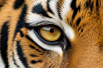The yellow eye of the tiger. A fragment of the beast's face. Close-up