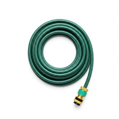 Green Garden Hose Coiled Neatly on White Background for Gardening Use