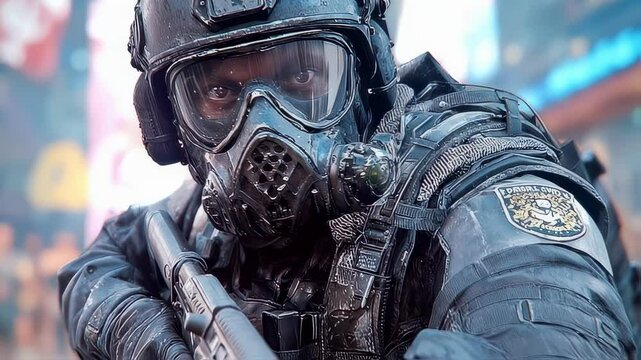 A cybernetically enhanced police officer wearing an intimidating exoskeleton towers above our protagonist, ilrating the authoritarian control exerted by law enforcement in this dystopian