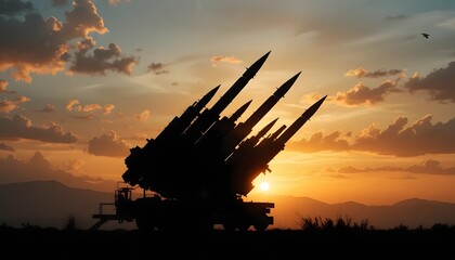 Silhouette of a missile launcher at sunset missiles raised against a sky with clouds