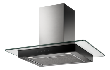 A sleek stainless steel range hood with a glass visor, perfect for a modern apartment kitchen.