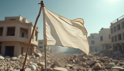White flag waves amidst rubblefilled landscape and damaged buildings under a bright sky