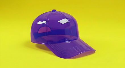 Brightly colored clear purple cap with a quirky face design, pop art style, fun fashion accessory, minimalist background, studio shot, playful design element