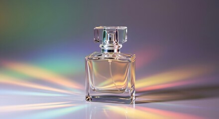 A clear glass perfume bottle, beautifully lit with iridescent light Modern and elegant perfume bottle illuminated by stunning prismatic light, highlighting its design.