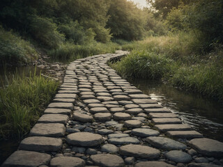 A path made of weathered stepping stones next to a shallow rural river under soft diffused light with muted tones and minimal foliage framing the scene, high-resolution textures of
