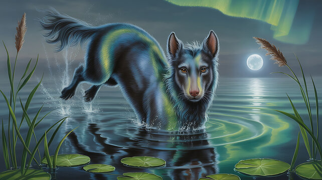 Dark, glowing dog splashes in a magical lake under a full moon.
