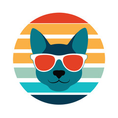 Dog Head with Flower Sunglasses on Retro Sunset