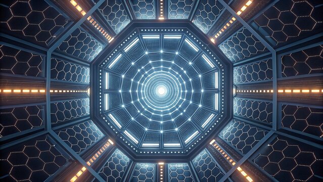 Futuristic digital tech tunnel with binary code patterns, illuminated by green and blue light, perfect for abstract technology design wallpapers
