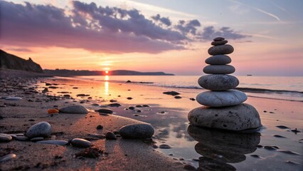 Zen-stacked stones on a serene beach embody nature's balance and tranquility