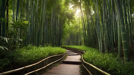 Fototapeta premium A serene bamboo forest path with sunlight filtering through the dense canopy creating a peaceful scene