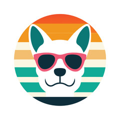 Dog Face in Shiny Sunglasses on Retro Sunset