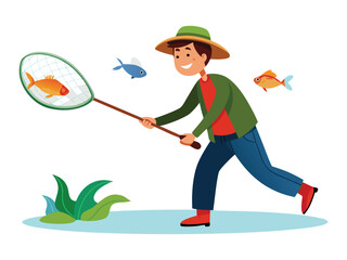 Joyful young boy wearing a hat and boots catches a goldfish with a net
