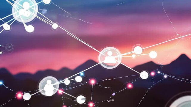 Digital connection concept with abstract network and sunset backdrop