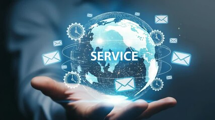 Hand holding a glowing digital Earth surrounded by "Service" text, email, and clock icons, symbolizing global communication, customer service, and worldwide connectivity - Powered by Adobe