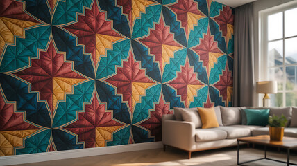 Geometric wall mural, vibrant colors, abstract pattern.
