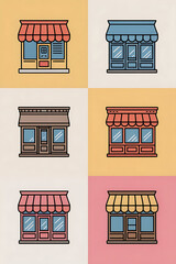 Colorful storefront designs, various colors and styles.
