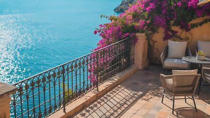 Ocean view balcony with bougainvillea and patio furniture.
