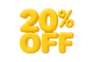 Bold and Shiny 3D Discount Text ‘20% OFF’ in Yellow, Isolated on a Transparent Background