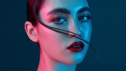 Close-up portrait, woman with vibrant, contrasting colors.
